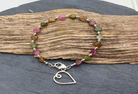 Watermelon Tourmaline bracelet, heart shape.