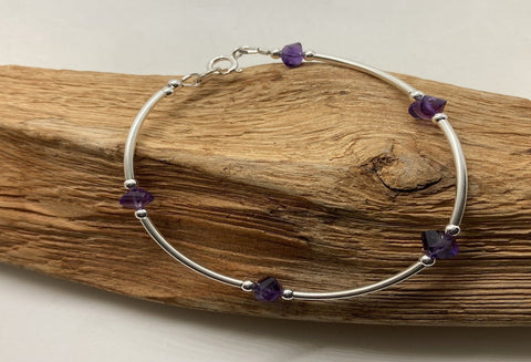 Amethyst stone and silver bar bracelet