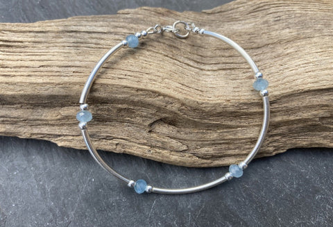 Aquamarine semi precious stone and silver bracelet
