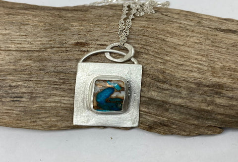 Blue oyster shell  copper Turquoise and silver pendant