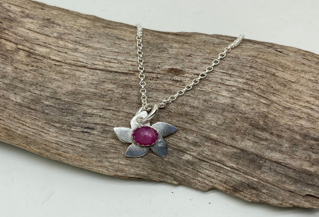 Pink Sapphire flower and silver  pendant