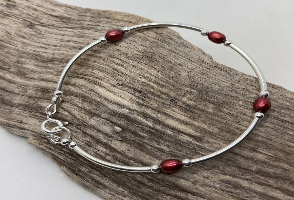 Red freshwater pearl and Sterling silver bracelet