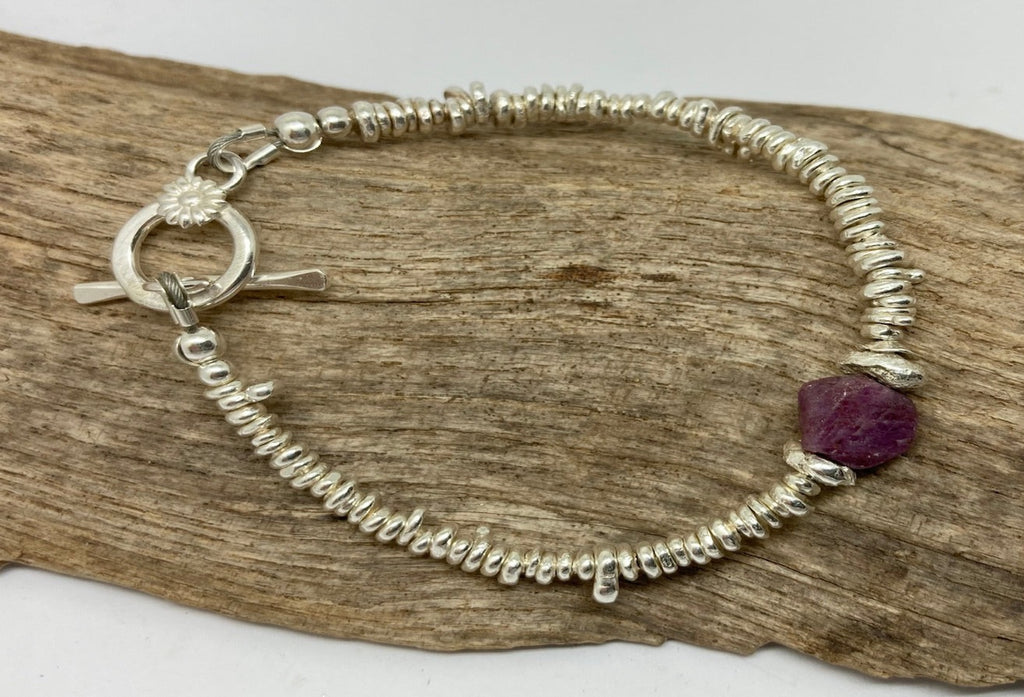 Unpolished Ruby gemstone silver bracelet