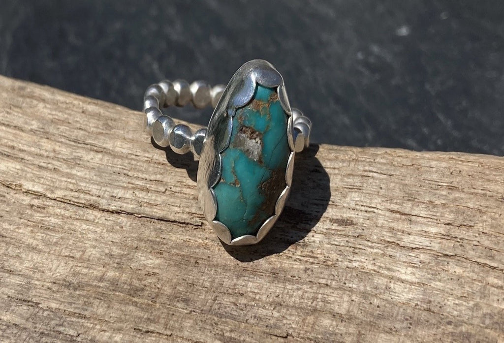 Natural turquoise Sterling silver  ring with beaded band